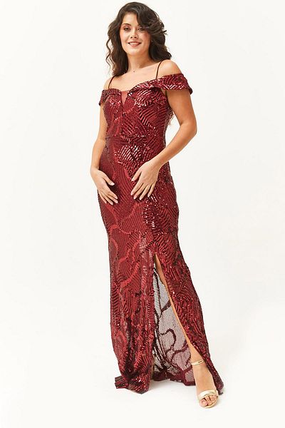 Ebsumu Women's Plus Size Sequined Fish Long Red Junior Evening Dress & Graduation Dress