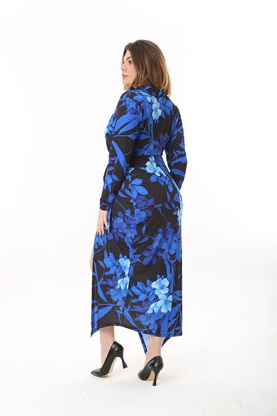 Şans Women's Plus Size Saks Shirt Collar Closed Wrap Long Dress 65N37548