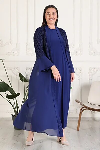 Aydoğan Büyük Beden Dantel Abayalı İki Parça Abiye Elbise