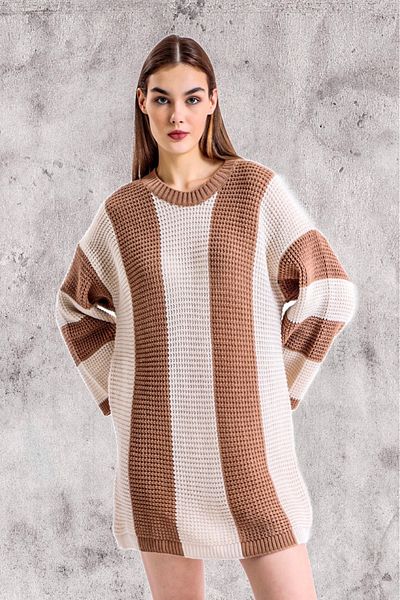 Bengi Clothing Ριγέ μακρυμάνικο φαρδύ πλεκτό φόρεμα