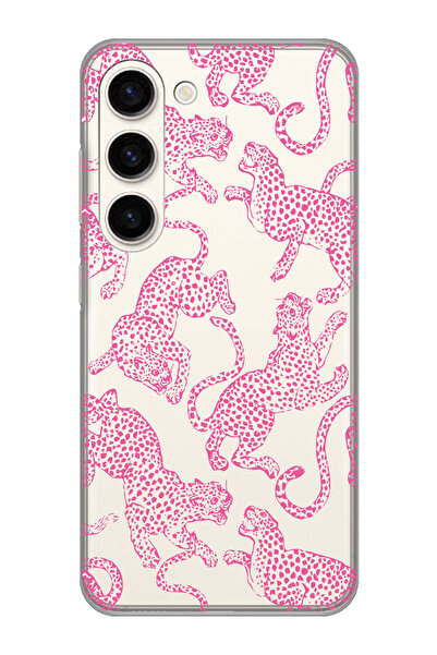 Magic Ring Samsung Galaxy S23 Uyumlu Pembe Leopar Desenli Şeffaf Telefon Kılıfı