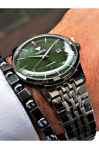 Fiesta Smoke Color Curved Sapphire Glass Luxury Steel Men's Wrist Watch + BRACELET WITH GIFT