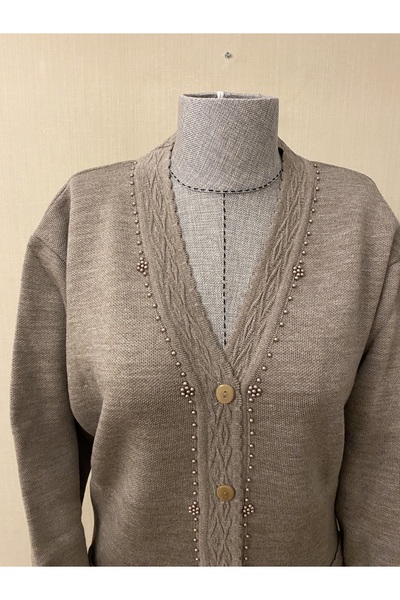 TEK Cardigan Mink Mother - model elegant, tricotaje cu margele și detalii cu perle