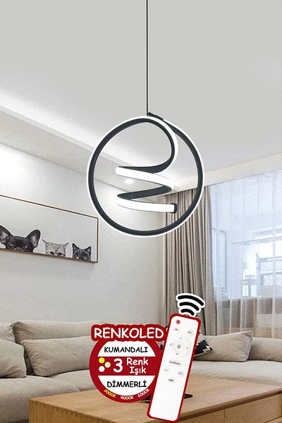 Renkoled Aydınlatma 3 Color Modern Pendant Lamp Led Chandelier - Black Case with Remote Control