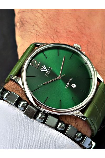 Fiesta Green Color Strap Model Sapphire Glass Steel Case Leather Cord Men's Wrist Watch + BRACELET GIFT