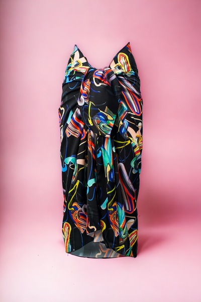 pistore Μαύρο ακουαρέλα και γεωμετρικό σχέδιο μακρύ γυναικείο φόρεμα παραλίας Pareo Satin Νέα σεζόν