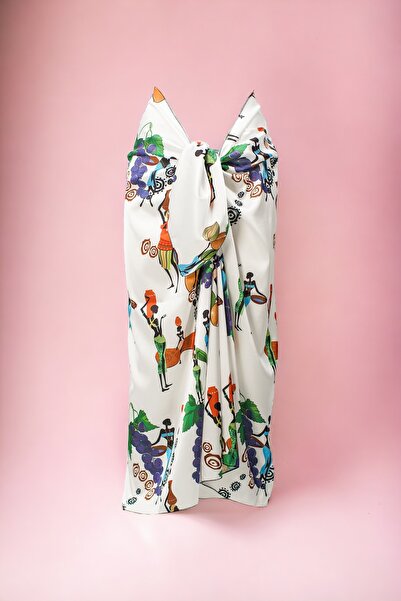 pistore African Girls in White Grape Ties Print Long Pareo Satin Women's Beach Dress New Season
