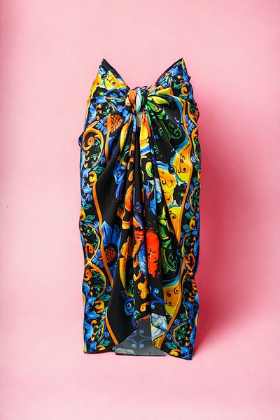 pistore Black and Yellow Motif Anatolian Patterned Long Pareo Satin Women's Beach Dress New Season