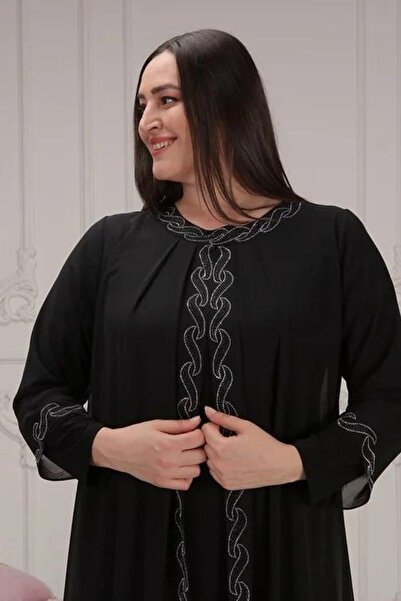 Aydoğan Büyük Beden Şifonu Taş İşleme Abayalı Tek Parça Abiye Elbise