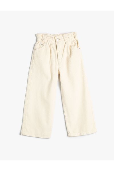 Koton Girl's Cotton Ribbed Spanish Leg Trousers - Pockets and Elastic Waist