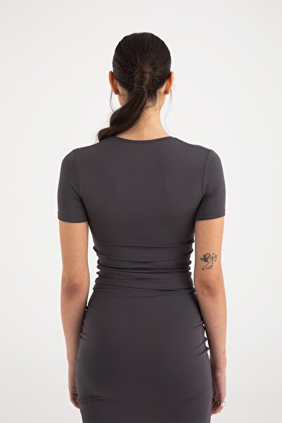 SHEISMONO Soft Touch Round Neck Short Sleeve Blouse Smoked