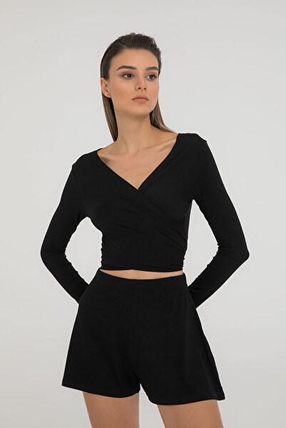 SHEISMONO Bluză cu detaliu de legătură ultra moale, neagră