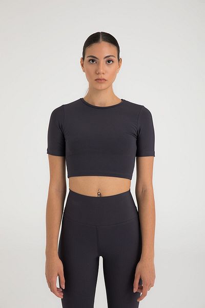 SHEISMONO Soft Touch Στρογγυλή λαιμόκοψη κοντό μανίκι Crop Top Smoked