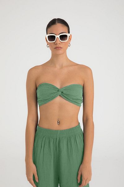 SHEISMONO Muslin Knot Crop Top Green
