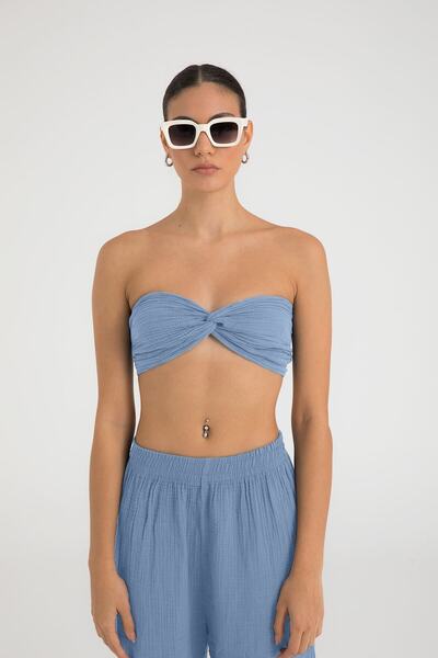 SHEISMONO Müslin Düğüm Crop Top Mavi