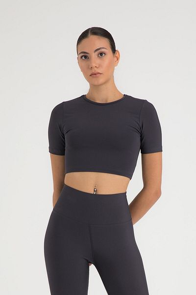 SHEISMONO Soft Touch Στρογγυλή λαιμόκοψη κοντό μανίκι Crop Top Smoked