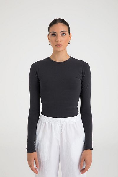 SHEISMONO Bavlněná halenka s kulatým výstřihem, uzená
