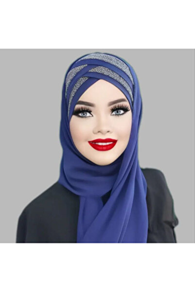 Polikromi Kadın Mavi Renk Bantlı Gümüş Simli Şal Tesettür Bone