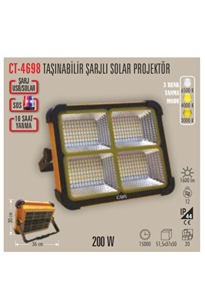 zey teknoloji Cata Ct-4698 Şarjlı Güneş Enerjili Solar Projektör 3 Renk