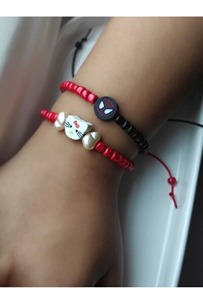 Amabel Jewelerys Hello Kitty ve Spiderman Figürlü Kum Boncuk 2'li Çocuk Bileklik