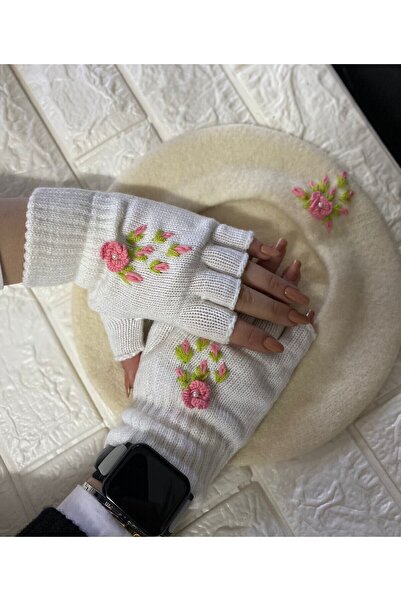 sema aksesuar Handmade Ecru Pearl Floral Embroidered French Painter Beret and Cut Fingers Gloves Set - Gift