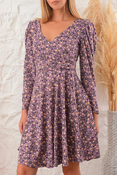 Avones Γυναικείο φλοράλ πλαϊνό πλισέ φόρεμα καφέ