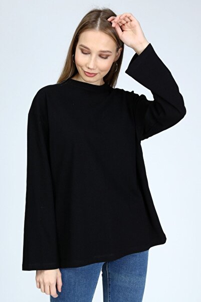 BASICA Clasy Kadın Kumaş Siyah Uzun Kollu Bisiklet Yaka Basic Oversize Tshirt