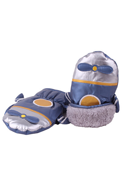 İşnar Parmaksız Çocuk Kar Eldiveni 2-4 Yaş Parlament Mavi Pervaneli Uçak Desenli Model 0051