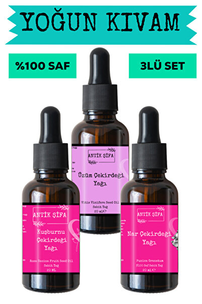 Antik Şifa Kuşburnu Çekirdeği, Üzüm Çekirdeği Ve Nar Çekirdeği Yağı (3X20ML)-%100 Saf Doğal Sabit Yağ Seti