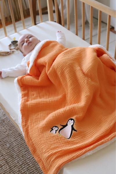 Mom Cherie بطانية للأطفال والرضع مقاس 80x100 سم، بطانية من الموسلين المطرزة بريش الخروف