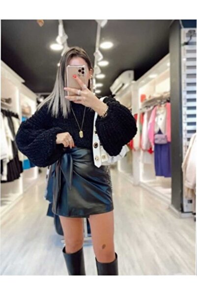 Azra Moda Style Yumoş Melted Glitter Detail Balloon Sleeve Knitted Crop Sweat...