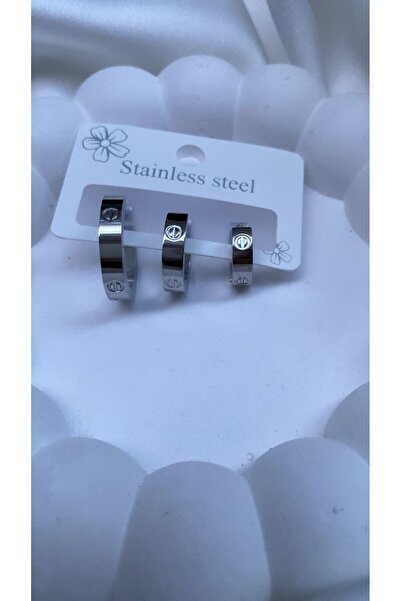 Accessories 3lü Çelik Set Gümüş Renk . Model Halka Küpe