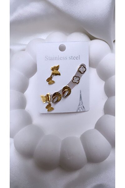 Accessories 3lü Set Kelebek Figürlü Gold Renk Çelik Küpe