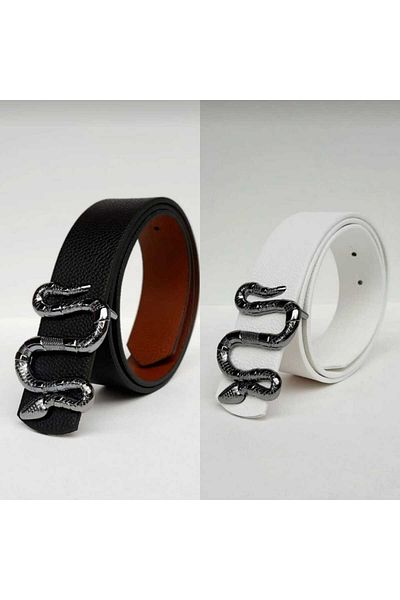 Kemerix Snake Buckle Reversible Women's Belt Set - Black and White 2-Piece