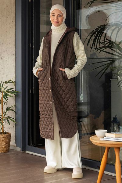 Minel Women's Brown Hooded Long Puffer Vest with Slit Detail