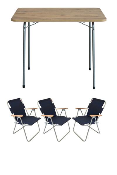 Bofigo 60x80 Çam Katlanır Masa + 3 Adet Katlanır Sandalye Kamp Seti Bahçe Balkon Takımı Lacivert
