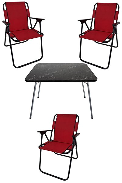 Bofigo 60x80 Granit Desenli Katlanır Masa + 3 Adet Katlanır Sandalye Kamp Set...