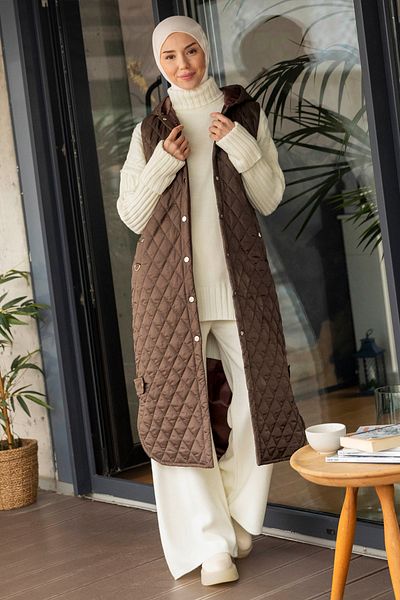 Minel Women's Brown Hooded Long Puffer Vest with Slit Detail