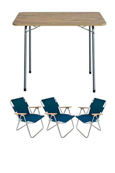 Bofigo 60x80 Çam Katlanır Masa + 3 Adet Katlanır Sandalye Kamp Seti Bahçe Balkon Takımı Mavi