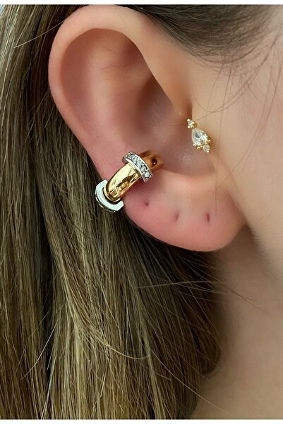 Pinery Jewels Yuvarlak Çizgili Taşlı Pirinç Üzeri Kaplama Kadın Kıkırdak Küpe