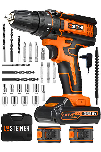 STEİNER Alman 198 Vf 10 Ah Darbeli Metal Dişli Şanzıman Çift Akülü Şarjlı Vidalama Matkap 24 Parça Uç Setli