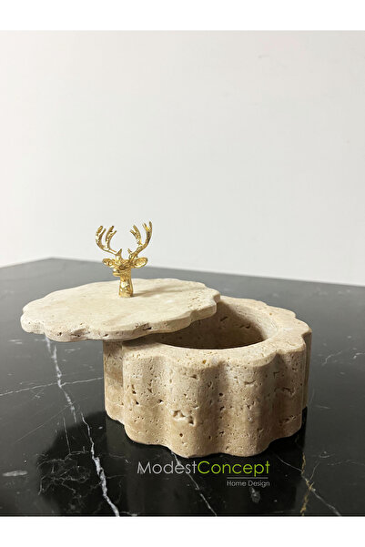 Modestmar Doğal Traverten Mermer Kase, Gold Geyik Aksesuarlı Kapaklı Mermer Kase, Dekoratif Kase, Takılık