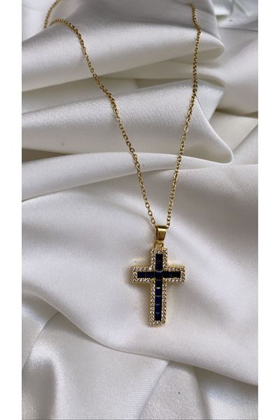 Accessories Colier din oțel auriu cu piatră și cruce bleumarin