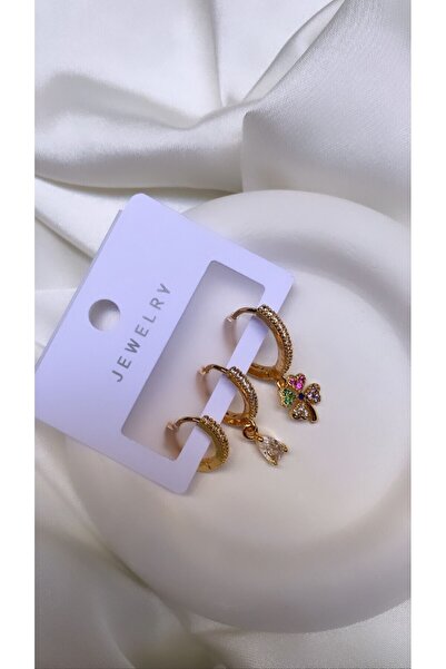 Accessories 3lü Set Yoncali Zirkon Gold Renk Küpe