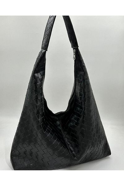 Mercan Stores Knitted Patterned Large Faux Leather Women's Oversized Shoulder Bag