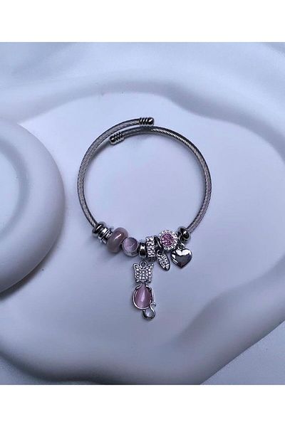 Accessories سوار فضي اللون على شكل قطة وردية من الفولاذ