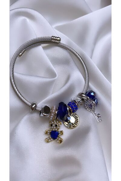 Accessories Gümüş Renk Mavi Ayıcıklı Çelik Bileklik
