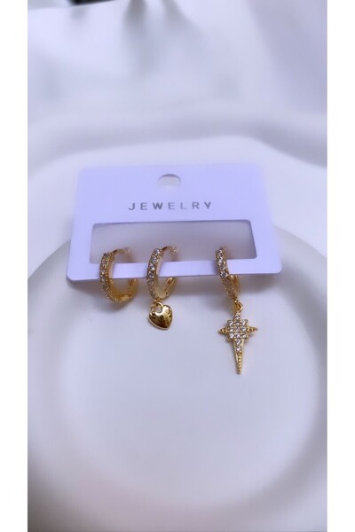 Accessories 3lü Set Gold Renk Zirkon Küpe