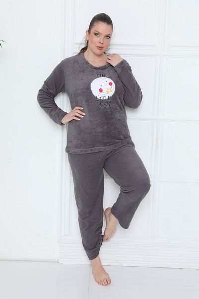 BunnyBear Winter Plus Size Wellsoft Fleece Women's Pajamas Set Gray Moon Pattern