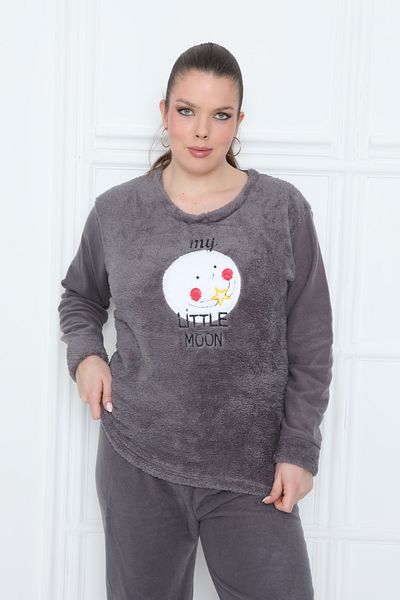 BunnyBear Winter Plus Size Wellsoft Fleece Women's Pajamas Set Gray Moon Pattern